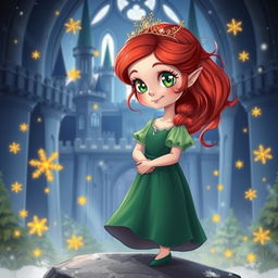 A beautiful red-haired girl with striking green eyes, wearing an elegant green dress, stands gracefully on a flat stone within a majestic castle