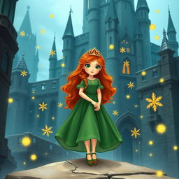 A beautiful red-haired girl with striking green eyes, wearing an elegant green dress, stands gracefully on a flat stone within a majestic castle