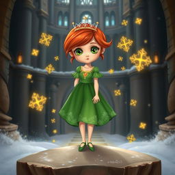 A beautiful red-haired girl with striking green eyes, wearing an elegant green dress, stands gracefully on a flat stone within a majestic castle