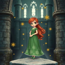 A beautiful red-haired girl with striking green eyes, wearing an elegant green dress, stands gracefully on a flat stone within a majestic castle