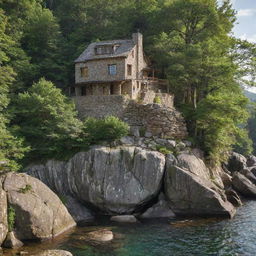 A rustic stone house majestically perched on a large rock, encapsulated by a serene, verdant forest.