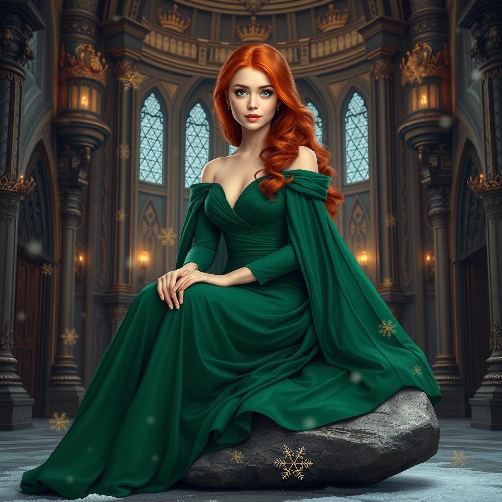 A beautiful red-haired young woman with striking green eyes, elegantly dressed in a flowing green gown, sits gracefully on a flat stone in the interior of a majestic castle