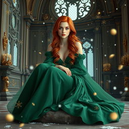 A beautiful red-haired young woman with striking green eyes, elegantly dressed in a flowing green gown, sits gracefully on a flat stone in the interior of a majestic castle