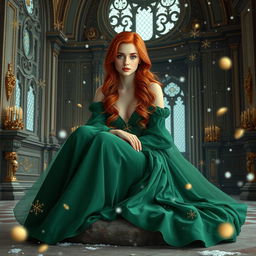 A beautiful red-haired young woman with striking green eyes, elegantly dressed in a flowing green gown, sits gracefully on a flat stone in the interior of a majestic castle