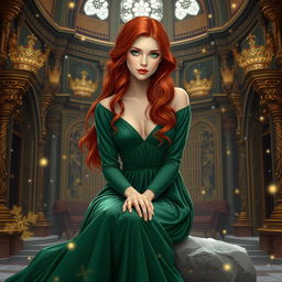 A beautiful red-haired young woman with striking green eyes, elegantly dressed in a flowing green gown, sits gracefully on a flat stone in the interior of a majestic castle