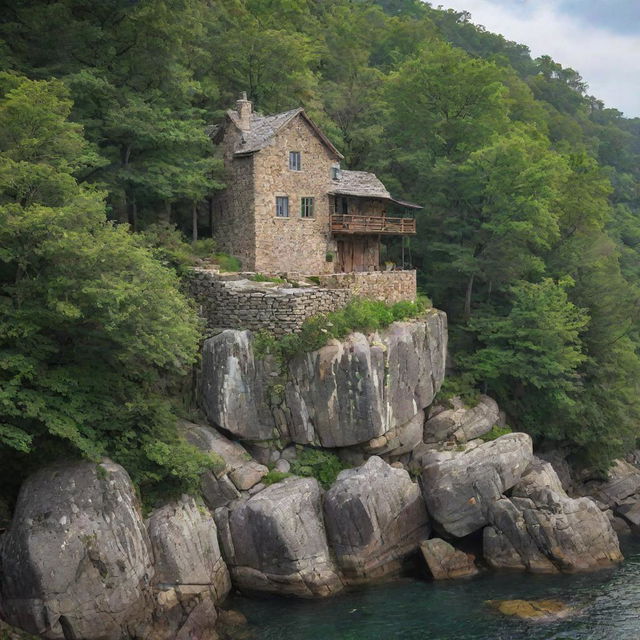 A rustic stone house majestically perched on a large rock, encapsulated by a serene, verdant forest.