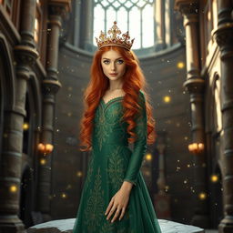 A beautiful young woman with striking red hair and captivating green eyes stands gracefully on a flat stone in the interior of a grand castle