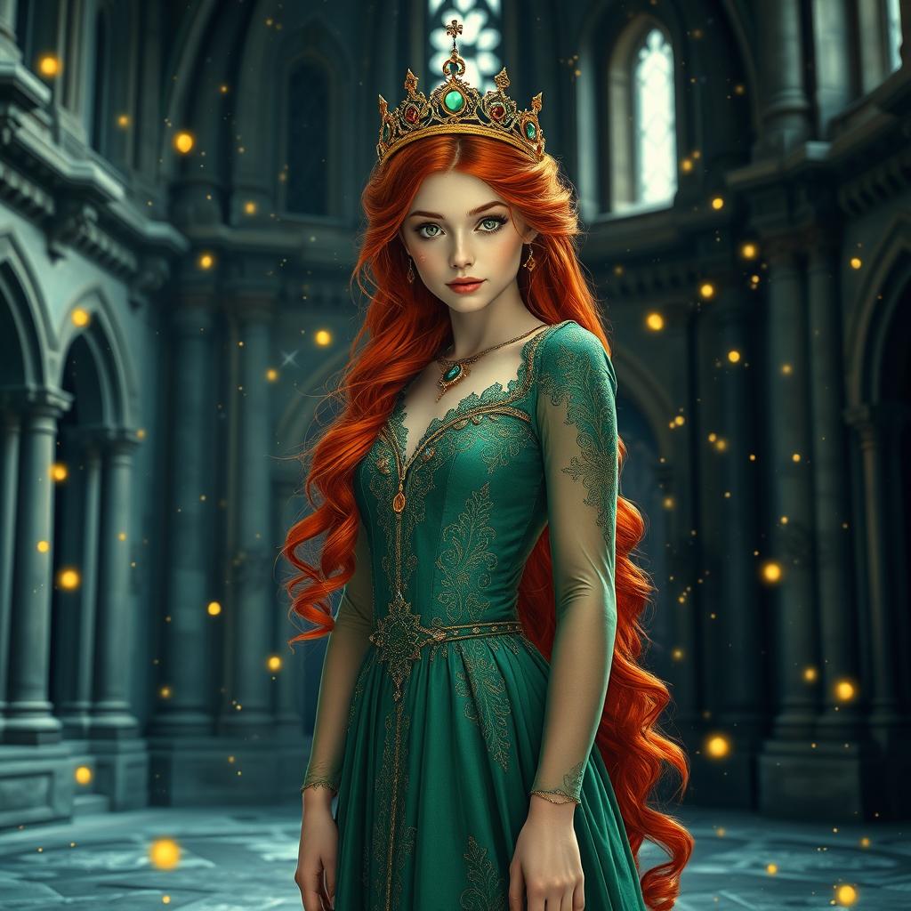 A beautiful young woman with striking red hair and captivating green eyes stands gracefully on a flat stone in the interior of a grand castle