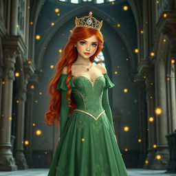 A beautiful young woman with striking red hair and captivating green eyes stands gracefully on a flat stone in the interior of a grand castle