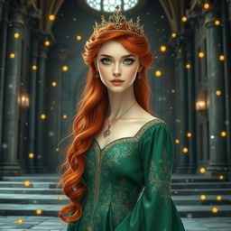 A beautiful young woman with striking red hair and captivating green eyes stands gracefully on a flat stone in the interior of a grand castle