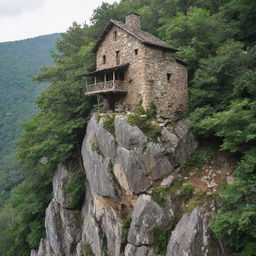 Enlarge the rustic stone house perched on a large rock in the verdant forest, making it tower majestically in its surroundings.