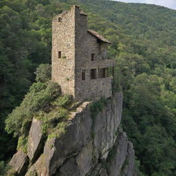 Enlarge the rustic stone house perched on a large rock in the verdant forest, making it tower majestically in its surroundings.