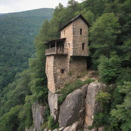 Enlarge the rustic stone house perched on a large rock in the verdant forest, making it tower majestically in its surroundings.