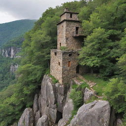 Enlarge the rustic stone house perched on a large rock in the verdant forest, making it tower majestically in its surroundings.