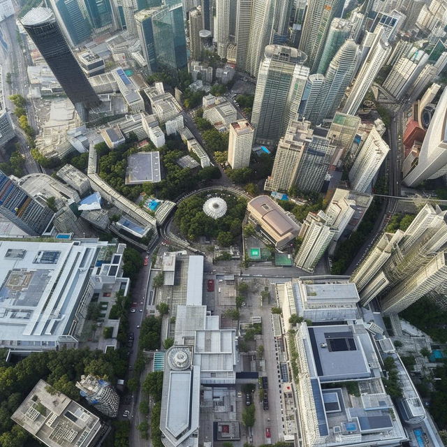 A daytime aerial view of two helicopters situated atop the helipad of the Police Headquarters, located in the heart of a bustling central business district, amidst a cityscape of towering structures.