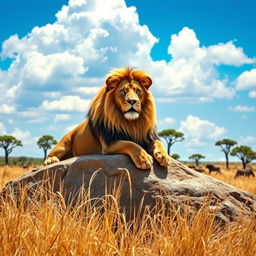 A majestic lion lounging on a sunlit rock formation in the savanna, the golden grass swaying gently in the breeze