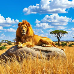 A majestic lion lounging on a sunlit rock formation in the savanna, the golden grass swaying gently in the breeze