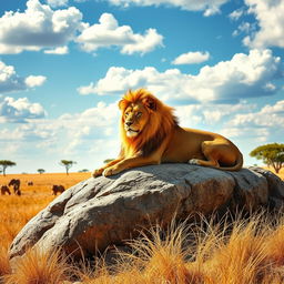 A majestic lion lounging on a sunlit rock formation in the savanna, the golden grass swaying gently in the breeze