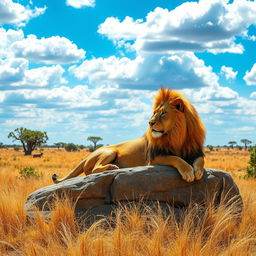 A majestic lion lounging on a sunlit rock formation in the savanna, the golden grass swaying gently in the breeze