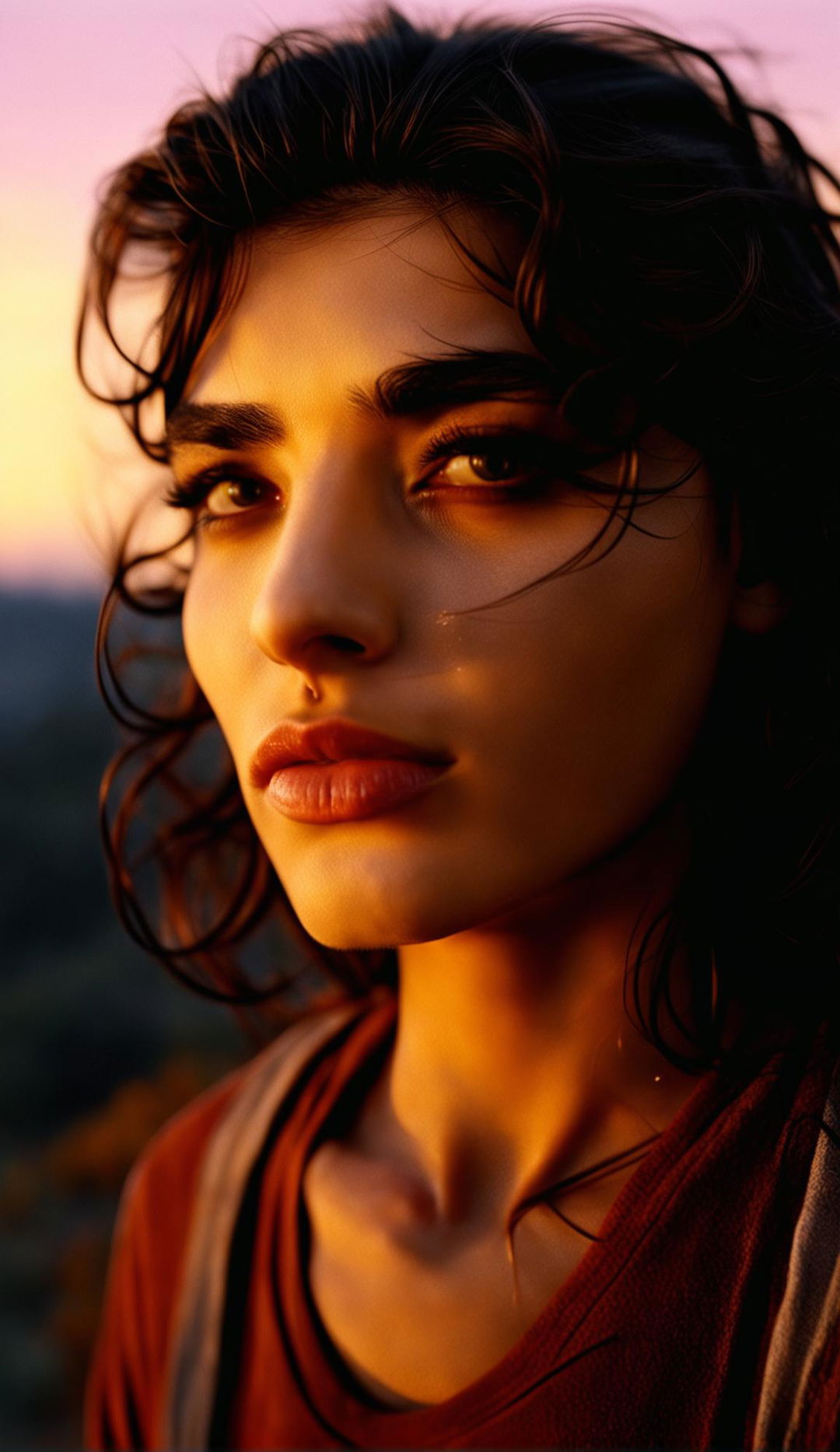 Ultra-HD 36k photograph of a 29-year-old Persian individual in side profile with full lips, long natural eyelashes, and thick hair against a sunset landscape backdrop. The image showcases raw unedited skin and natural beauty.