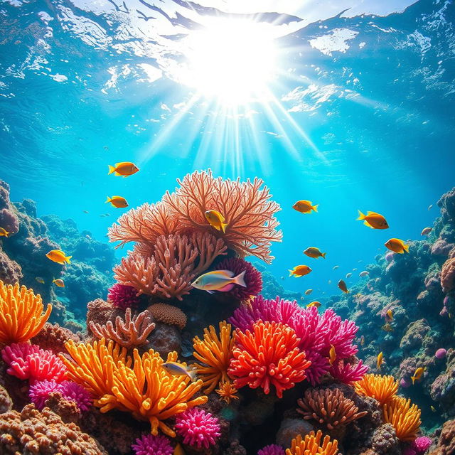 A vivid and vibrant underwater scene showcasing a stunning coral reef