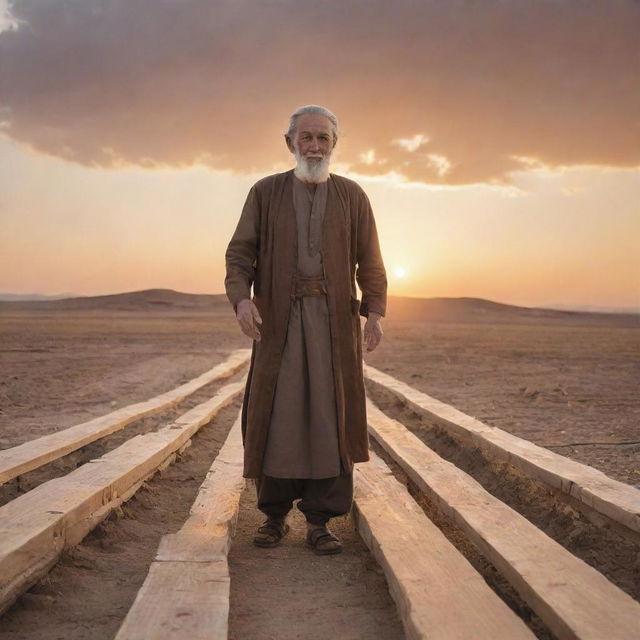 Prophet Noah building an ark in traditional attire, surrounded by wooden planks, standing in a vast landscape during sunset.