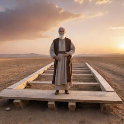 Prophet Noah building an ark in traditional attire, surrounded by wooden planks, standing in a vast landscape during sunset.