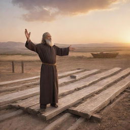 Prophet Noah building an ark in traditional attire, surrounded by wooden planks, standing in a vast landscape during sunset.