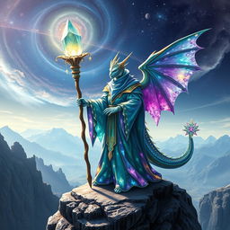 A fantastical scene featuring a crystal dragonkind wizard standing majestically on a rocky cliff