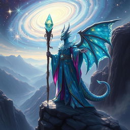 A fantastical scene featuring a crystal dragonkind wizard standing majestically on a rocky cliff