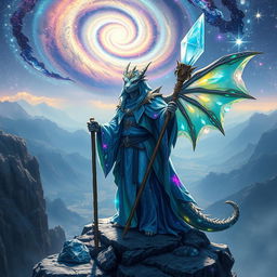 A fantastical scene featuring a crystal dragonkind wizard standing majestically on a rocky cliff