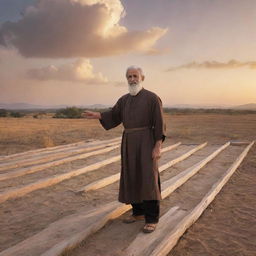 Prophet Noah building an ark in traditional attire, surrounded by wooden planks, standing in a vast landscape during sunset.