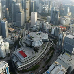 A daytime aerial view of two helicopters situated atop the helipad of the Police Headquarters, located in the heart of a bustling central business district, amidst a cityscape of towering structures.