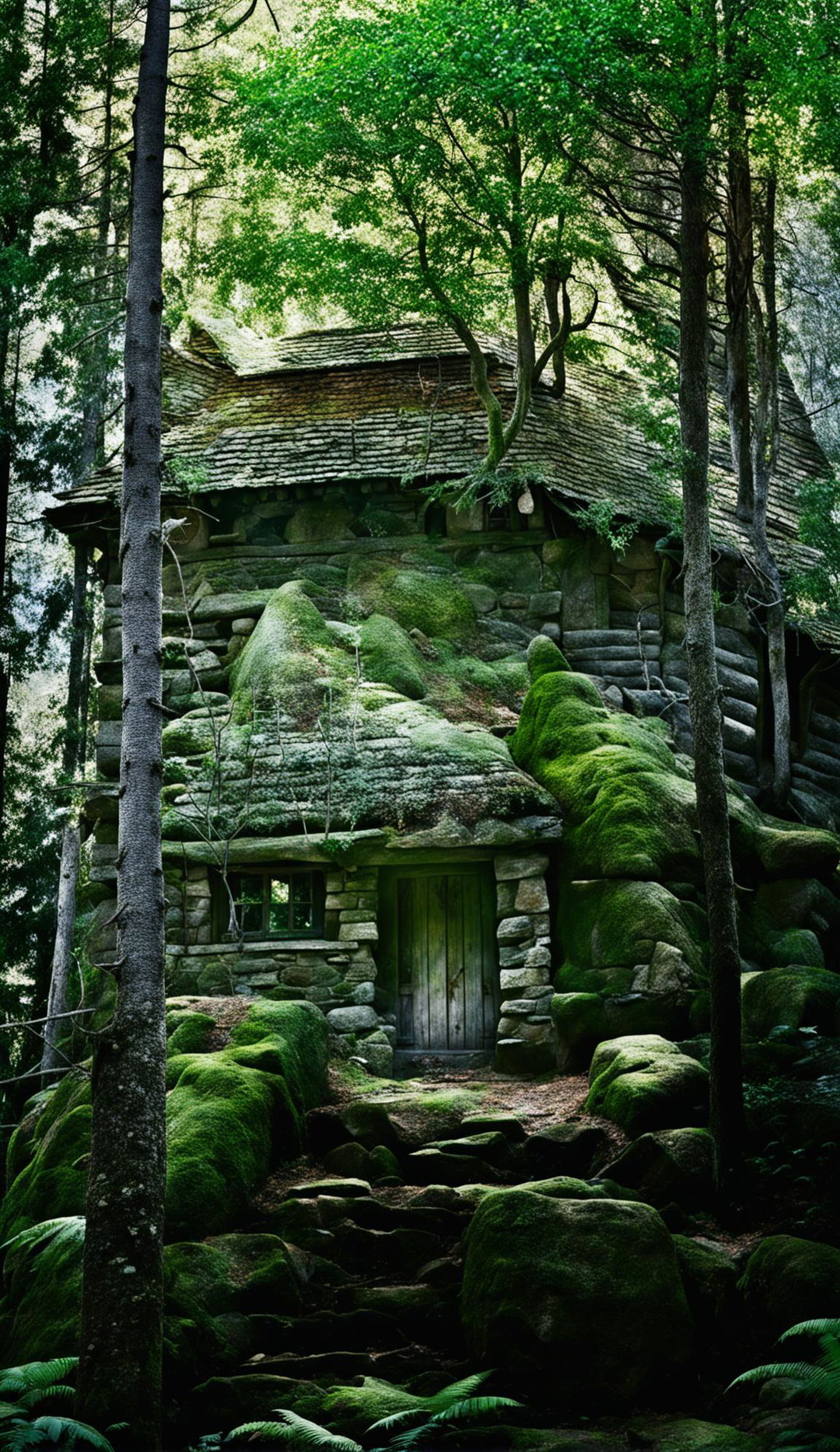 A rustic stone house stands atop a large rock in the heart of a dense forest.