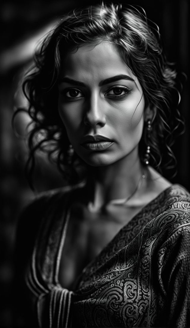 Black and white Yousuf Karsh style photograph of a beautiful Persian woman looking away from the camera. Her face is softly lit, highlighting her exotic features. She wears a traditional Persian dress and her expression conveys sadness and insecurity.