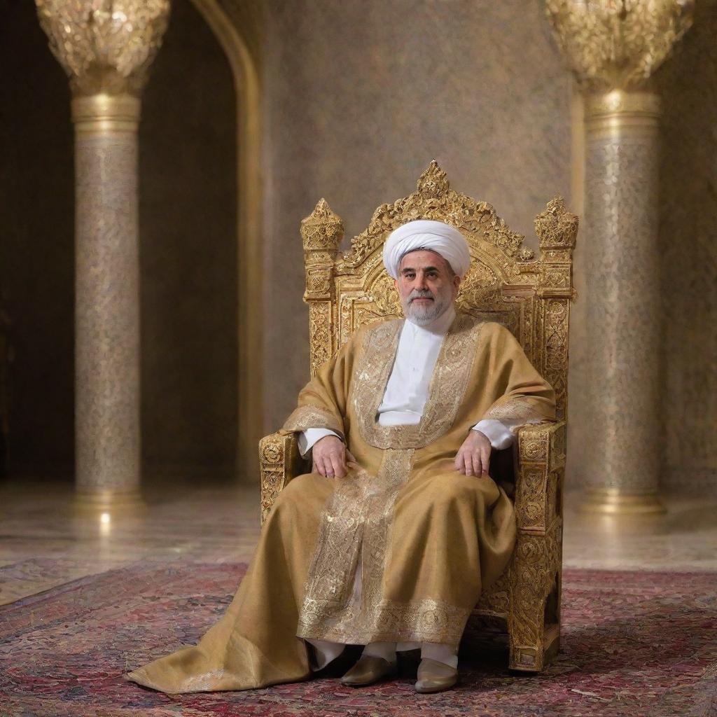 A powerful king of Iran, adorned in traditional royal attire, resting upon a golden throne, with hints of historical Iranian architecture in the background.