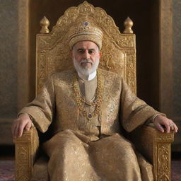 A powerful king of Iran, adorned in traditional royal attire, resting upon a golden throne, with hints of historical Iranian architecture in the background.