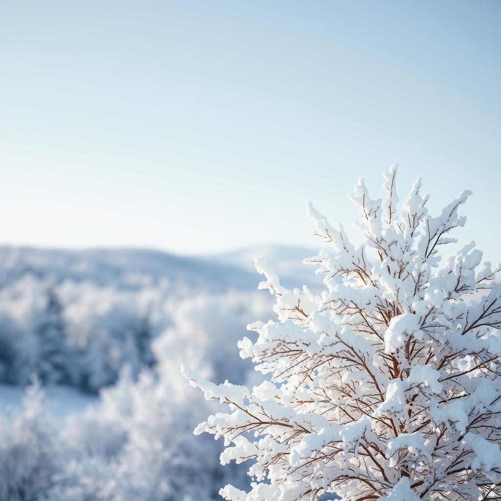 A serene winter landscape featuring a snow-covered tree in the foreground