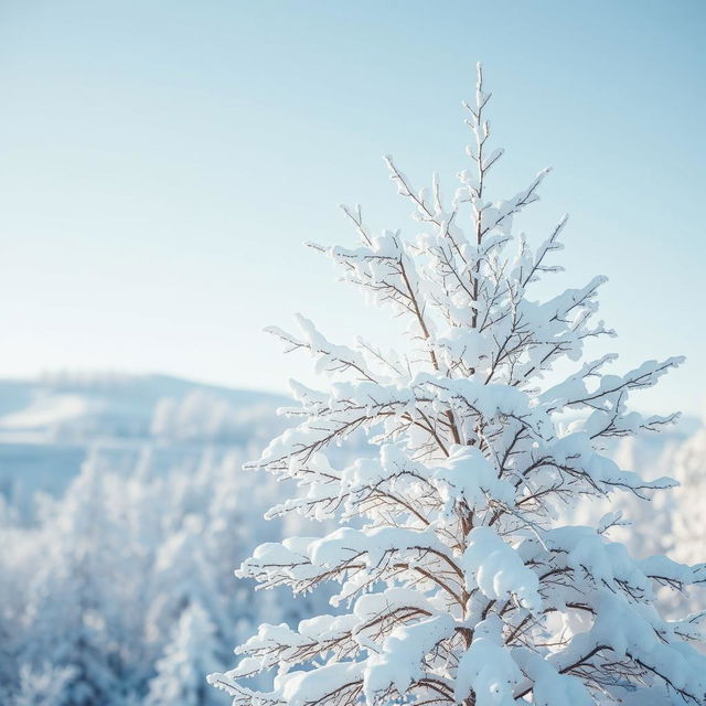 A serene winter landscape featuring a snow-covered tree in the foreground