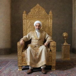 A powerful king of Iran, adorned in traditional royal attire, resting upon a golden throne, with hints of historical Iranian architecture in the background.