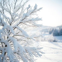 A serene winter landscape featuring a snow-covered tree in the foreground