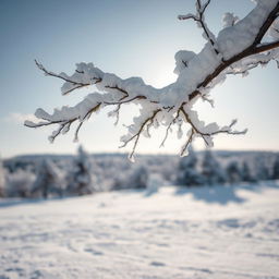 A serene winter landscape featuring a snow-covered tree in the foreground