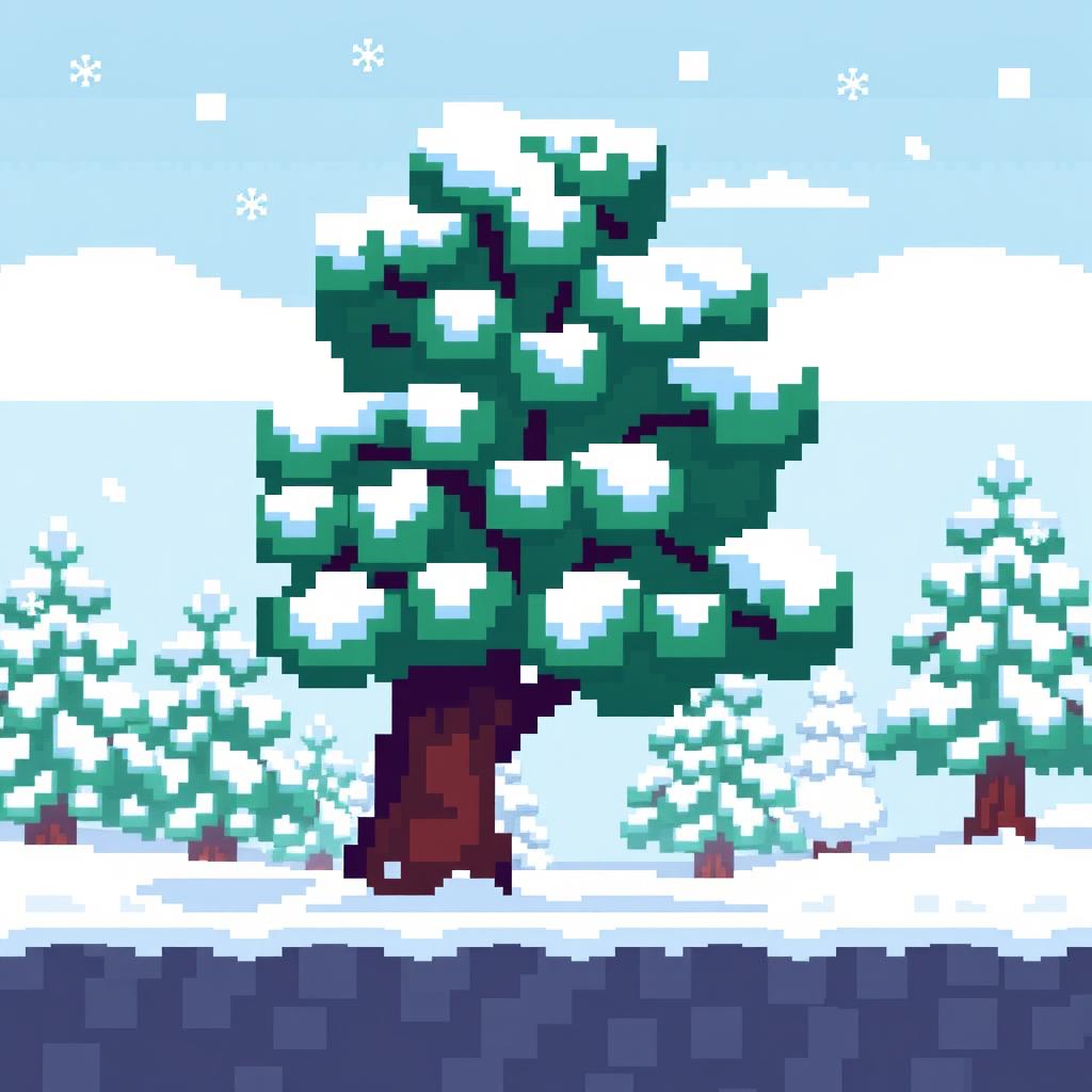 A pixelated depiction of a winter landscape featuring a snow-covered tree