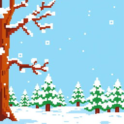 A pixelated depiction of a winter landscape featuring a snow-covered tree