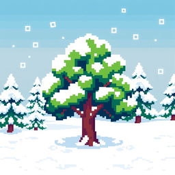 A pixelated depiction of a winter landscape featuring a snow-covered tree