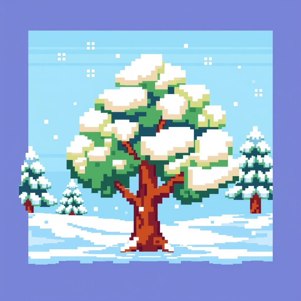 A pixelated depiction of a winter landscape featuring a snow-covered tree