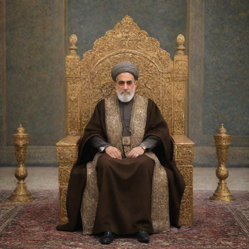 A powerful king of Iran, adorned in traditional royal attire, resting upon a golden throne, with hints of historical Iranian architecture in the background.