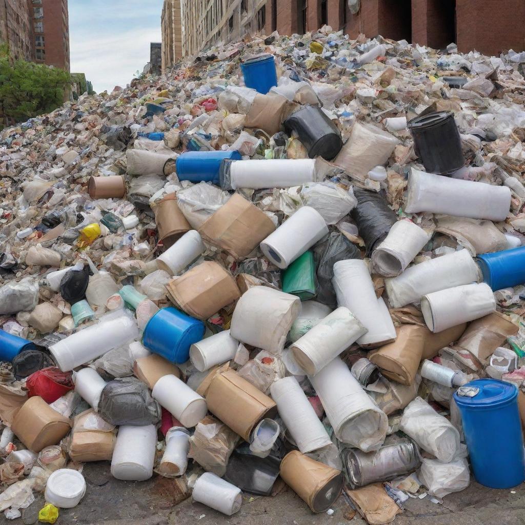 A vivid, ultra-high definition image showcasing a pile of various types of trash, including paper, cans, and plastic, in an urban setting.