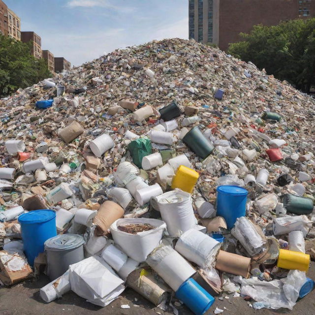 A vivid, ultra-high definition image showcasing a pile of various types of trash, including paper, cans, and plastic, in an urban setting.