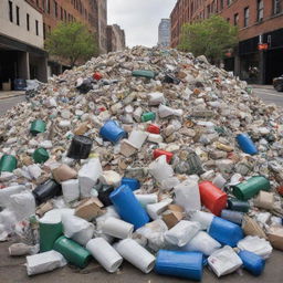 A vivid, ultra-high definition image showcasing a pile of various types of trash, including paper, cans, and plastic, in an urban setting.